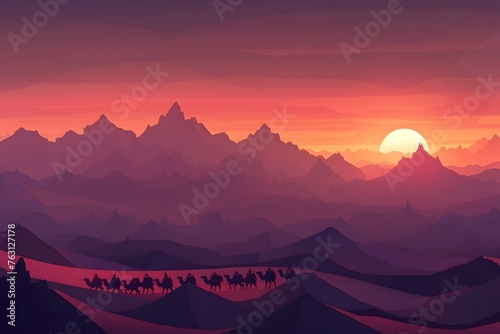 Flat of Desert Caravan Journeying Through Purple and Orange Sunset Landscape
