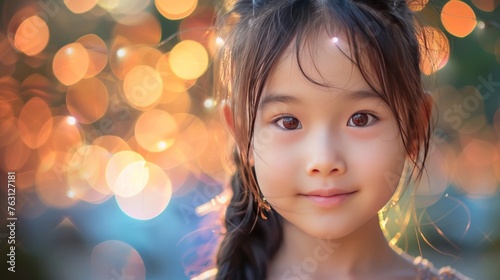 Portrait of asian little cute girl with the light of the bokeh on background