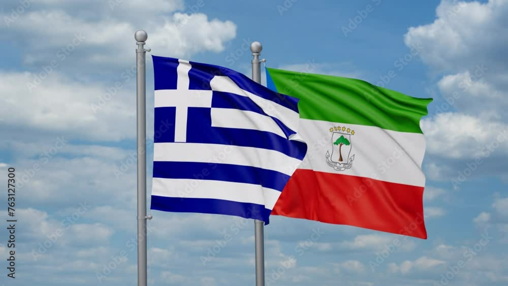 Equatorial Guinea and Greece two flags waving together, looped video, two country relations concept