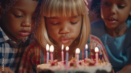 Three children gather around a birthday cake, one making a wish before blowing out the candles.