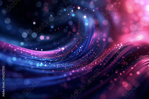 Abstract neon wave lights with sparkling particles on a dark background. Futuristic flow with bokeh effect concept. Design for banner, wallpaper, poster