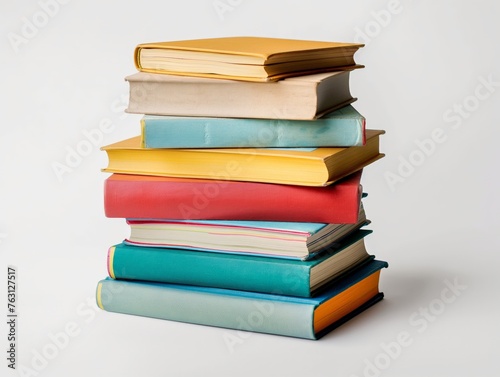 A neat stack of hardcover books on a white background symbolizing education and knowledge.