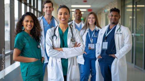 A group of smiling healthcare professionals stand confidently together in a hospital corridor.