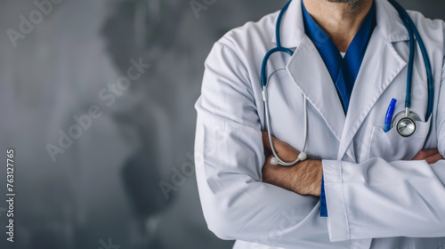 A medical professional in a white lab coat stands with arms crossed, wearing a stethoscope.