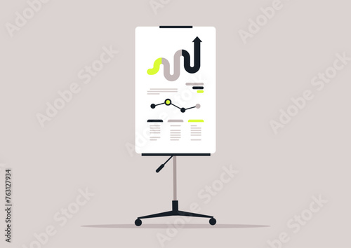 Strategic Pathways, A Modern Flipchart Illustrating Business Growth, A sleek flipboard on wheels showcases dynamic data