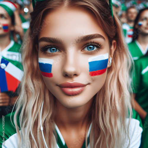 Slovenian Young Female Soccer Fan with Painted National Flag Cheeks at UEFA Euro Championship photo