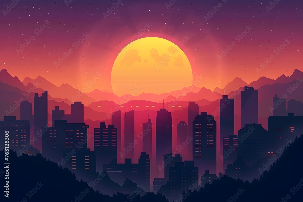 of City Skyline at Sunset with Mountains and Shining Building