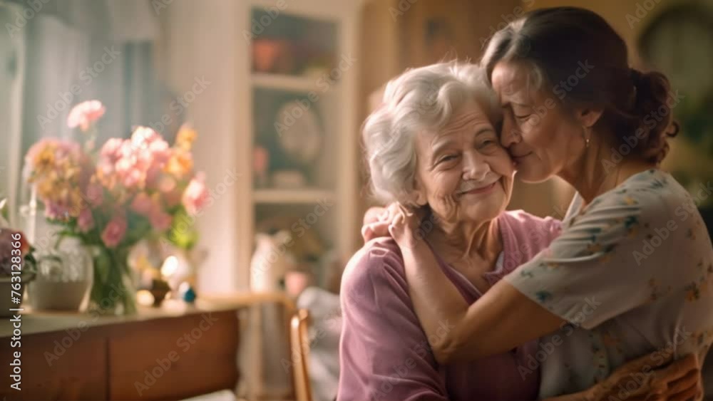 Senior woman, hug or medical caregiver in house living room Senior woman, hug or medical caregiver in house living room