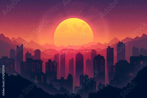 of City Skyline at Sunset with Mountains and Shining Building photo