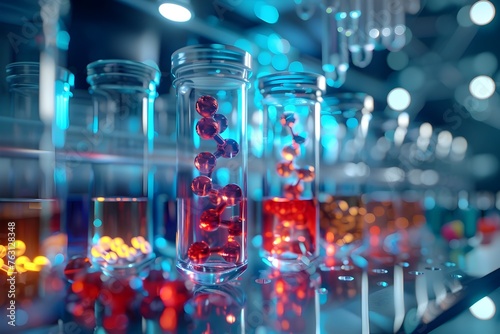 3D Rendering of Biopharmaceutical Innovation: Intricate Laboratory Setup with Transparent Vials of Red and Blue Pills and Test Tubes filled with photo
