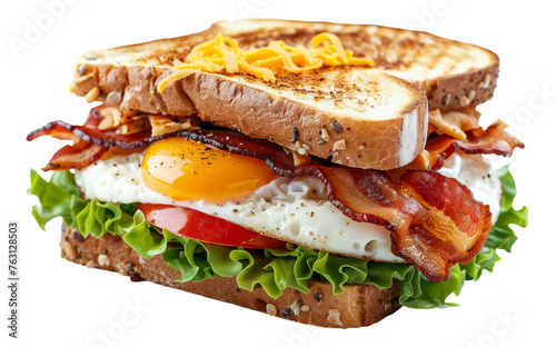 Gourmet open-faced sandwich with egg and bacon, cut out - stock png.
