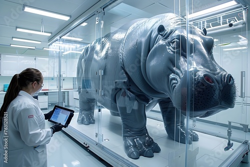 3D Printing of Futuristic Grey Metallic Hippo in High-Tech Lab photo