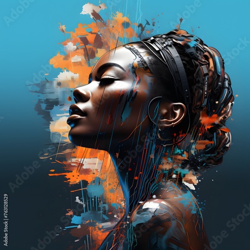 thoughtful black woman with the concept of visual screens and NFT elements © wizXart