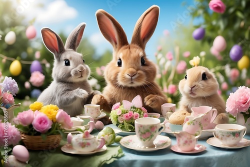 Easter bunnies with eggs and cakes on table in garden