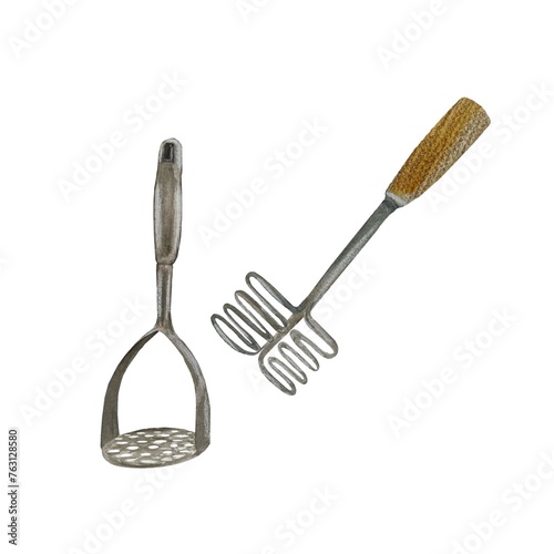 Potato masher kitchen tool set watercolor sketch