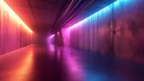 3D rendering of a futuristic corridor with neon lights in the dark
