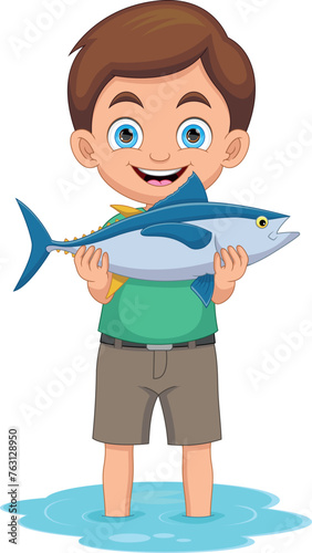 Little boy shows that he got a big fish in the river cartoon