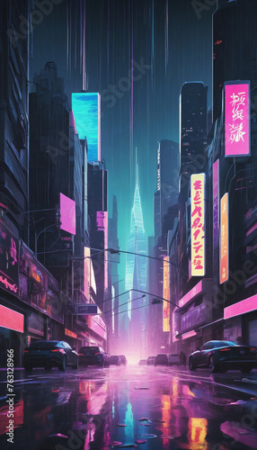 cyberpunk cityscape silhouette neon rain-soaked stree abstract futuristic texture, isolated on a transparent background photo