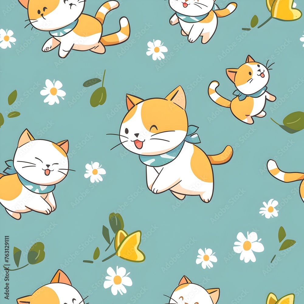 Lively Jumping Cats: Vibrant Cartoon Pattern with Playful Tabby Kittens and Fresh White Daisies Lively Jumping Cats: Vibrant Cartoon Pattern with Playful Tabby Kittens and Fresh White Daisies