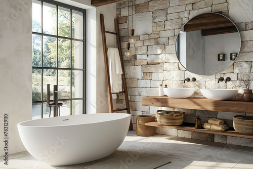 A Modern Bathroom with Natural Light and Freestanding Tub. Contemporary Elegance. A Bright and Airy Bathroom with Stone Accents and White Bathtub