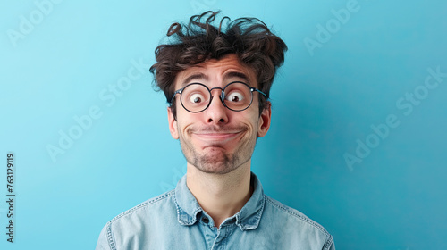 Man with fool facial expression on pastel blue background