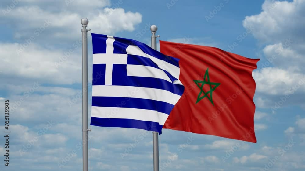 Morocco and Greece two flags waving together, looped video, two country relations concept Morocco and Greece two flags waving together, looped video, two country relations concept
