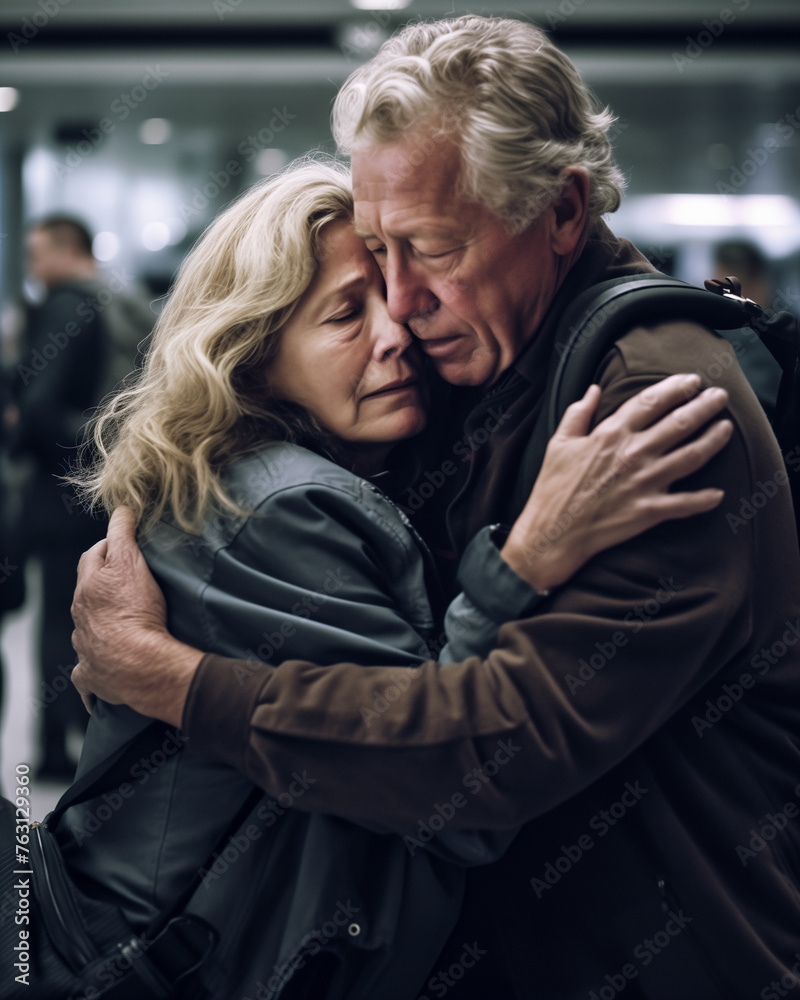 couple says an emotional goodbye at the airport, dark and moody color grading
