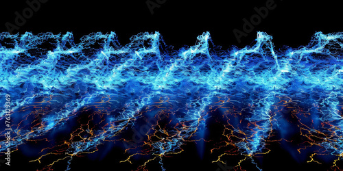 This photo captures a vivid blue background with multiple electrical lightning bolts crisscrossing and overlapping each other. The lines create a dynamic and striking visual effect