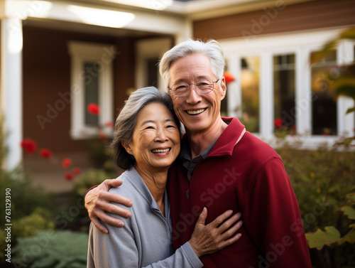 photo of an older asian couple embracing outside of a home in a suburban neighborhood on a sunny day