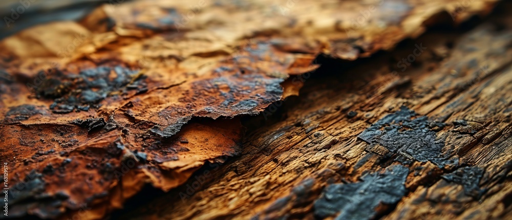 Close-up of weathered tree bark peeling off to reveal the intricate textures and patterns of aged wood