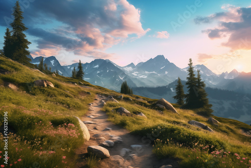 A path winds through the mountains as the sun sets, casting a warm glow over the landscape