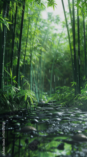 A bamboo forest with a stream flowing through it  surrounded by tall green bamboo stalks and lush vegetation