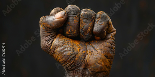 A photo showcasing a mans clenched fist against a stark black background. The image emphasizes power, resilience, and determination
