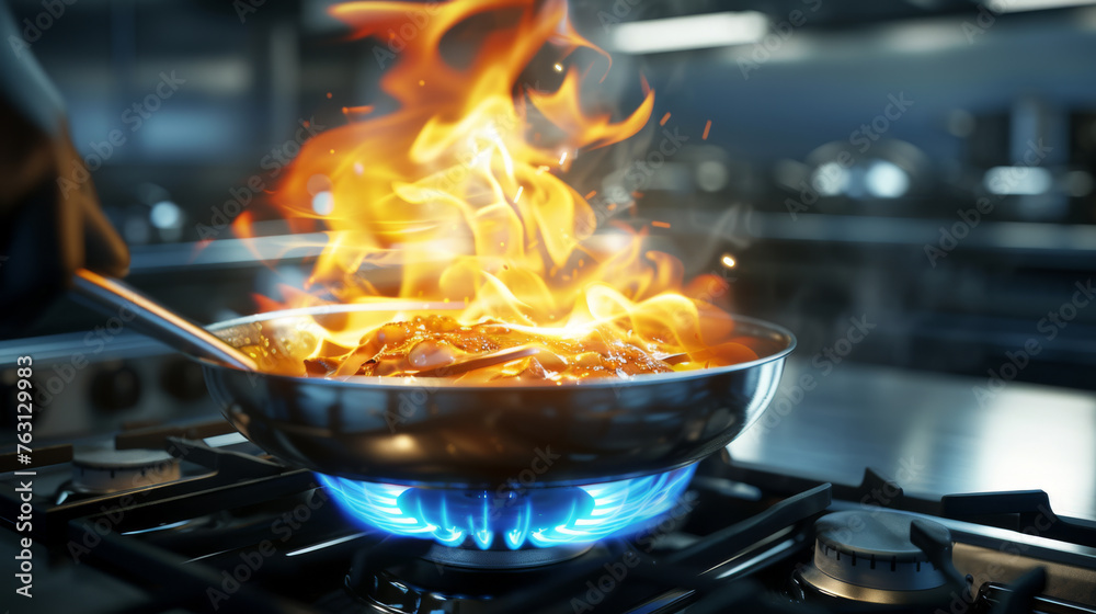 Flames engulf the contents of a pan held by a chef over a gas stove. Flames engulf the contents of a pan held by a chef over a gas stove.