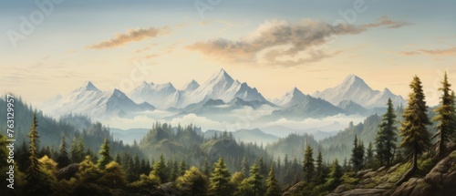 a mountain range landscape filled with pine forest photo