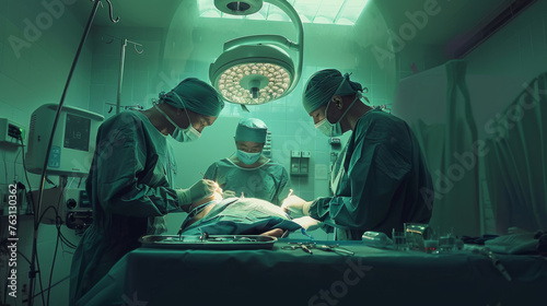 A surgical team is intensely focused on a procedure under an operating light in an operating room.