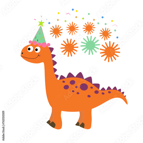 Joyful orange dinosaur with festive hat and colorful fireworks celebration isolated on transparent background