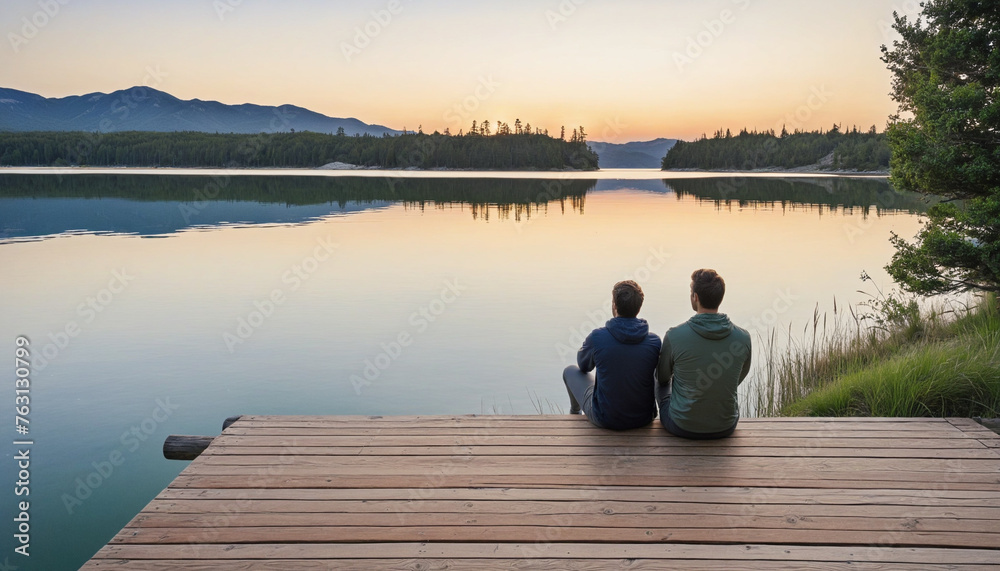 peaceful men adult traveller sit casual relax on wooden deck at the end of deck with stunning reflecting lake with beautiful day nature travel concept