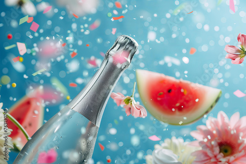 silver champagne bottle with blured confetti ,  summer flowers and watermelon slice floating around, pastel blue background, summertime festive celebretion background photo