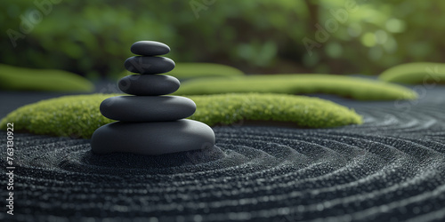 A background featuring a close up shot of a stack of pebbles in a zen garden with moss in the background