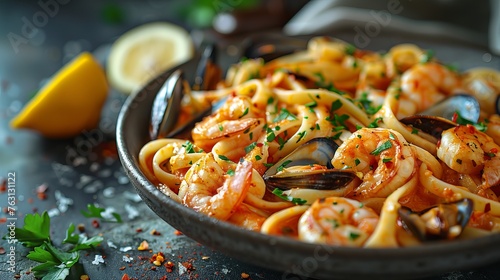 Seafood Linguine in Spicy Tomato Sauce with Fresh Parsley