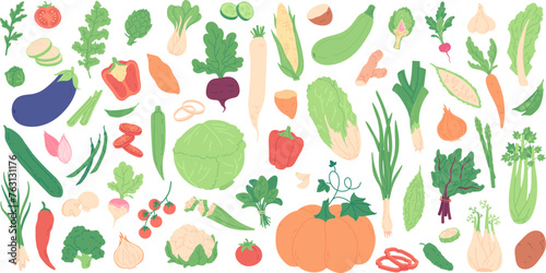 Fresh sliced and whole vegetable doodles, healthy food ingredients. Hand drawn organic farmer harvest, exotic vegetables, tomato and pepper slices, vitamin rich vegetarian food sticker vector set