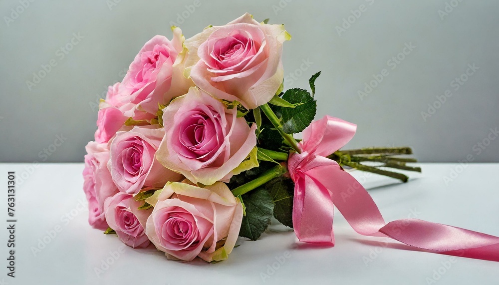 Bukiet różowych róż na białym tle - obrazy, fototapety, plakaty 