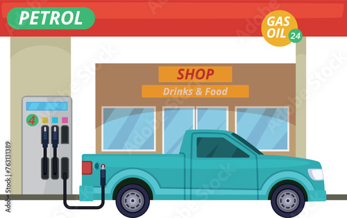 Gas station with shop facade and car refueling with petrol