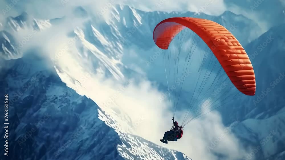 An adventurous man soars through the sky on a paraglider, embracing the thrill and freedom of flight over snow mountains An adventurous man soars through the sky on a paraglider, embracing the thrill and freedom of flight over snow mountains