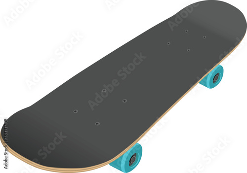 Skateboard plywood deck with blue wheels angled aspect top front side view isolated vector illustration