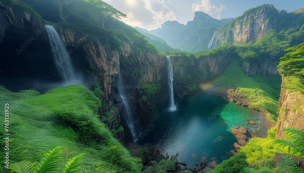 three waterfalls coming from a mountainous forest creating a small lake of clear water in a valley three waterfalls coming from a mountainous forest creating a small lake of clear water in a valley