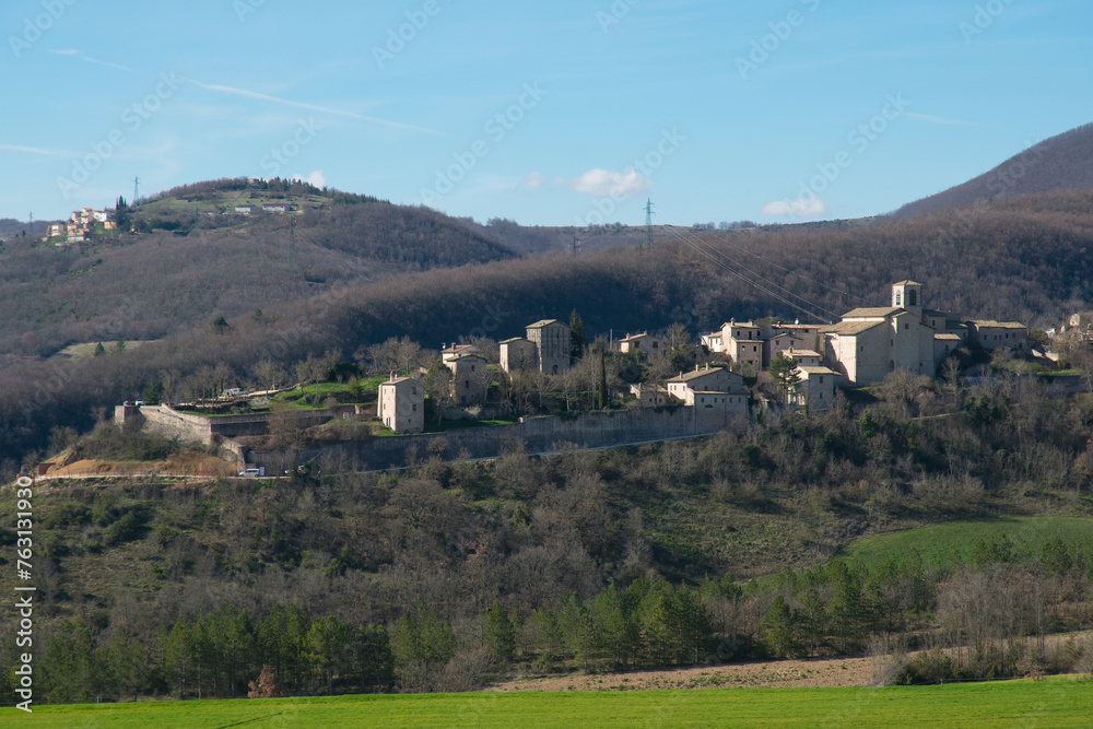 Panoramic view of Montesanto, the arrival station of the Tibetan bridge and the Umbrian countryside, Italy