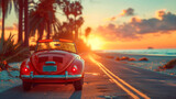 A vibrant red car cruises down a winding coastal road next to the sparkling ocean on a sunny day, embodying the essence of a summer road trip