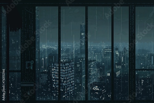 Dark synth 32 bit style misty skyline of a dense city at night with skyscrapers. photo